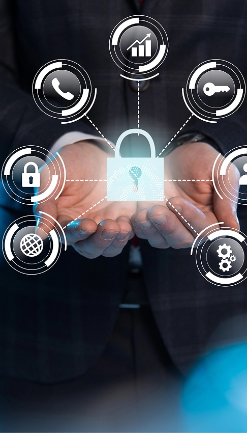Businessman holding a padlock surrounded by various security icons, symbolizing data protection and cybersecurity.