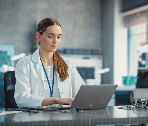 A woman in a lab coat is focused on her laptop, working diligently in a laboratory setting.