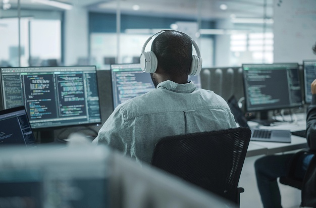 Two colleagues focused on their computers while collaborating in a modern office environment.